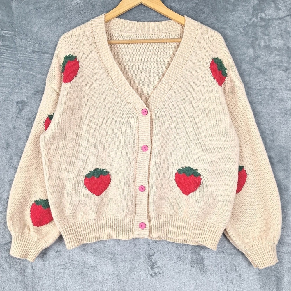Cottagecore Strawberry Oversized Cardigan Womens Small Indie Kawaii Cozy Sweater